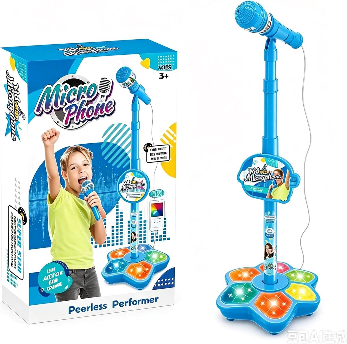 Kindermicrofoon met standaard, karaoke-machine voor kinderen, met 6 ledlampen, verstelbaar 50-100 cm, Bluetooth, 360° - ShopVlot