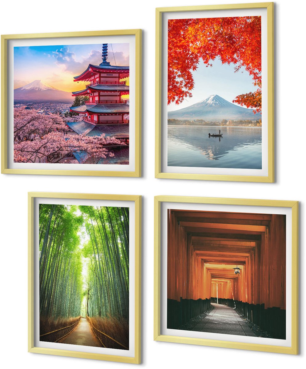 Coloray 4-Delige Schilderij Set - Bamboebos, Mount Fuji, Torii-pad, Japanse architectuur - 40 x 40 cm en 40 x 60 cm - Stijlvolle Muurdecoratie - Kantoor - Interieur Decoratie