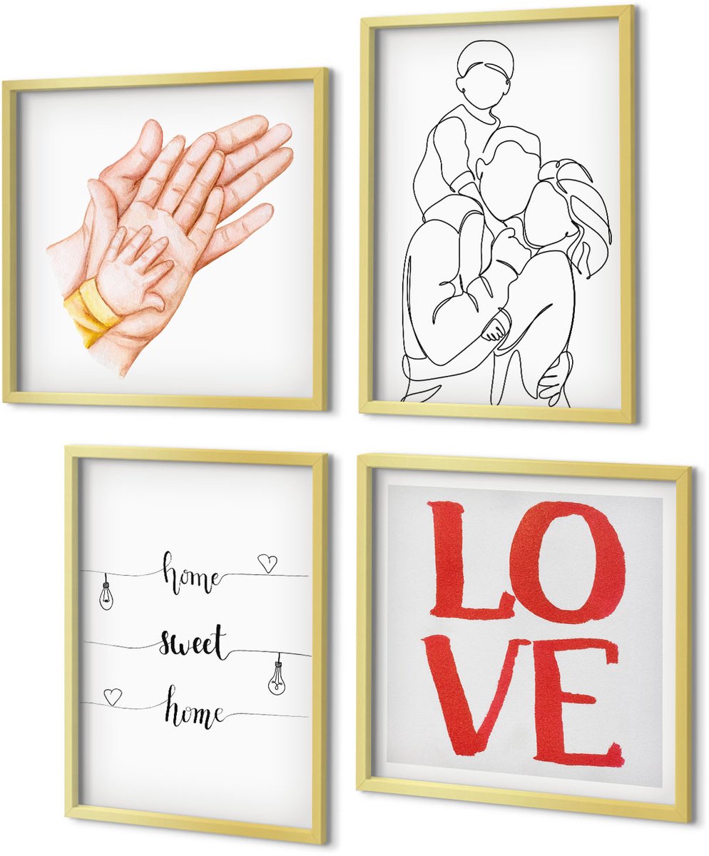 Coloray 4-Delige Schilderij Set - Familie-illustraties, huisinscripties, over leven en liefde. - 40 x 40 cm en 40 x 60 cm - Wanddecoratie - Muurdecoratie - Woonkamer - Decoratieve Schilderijen