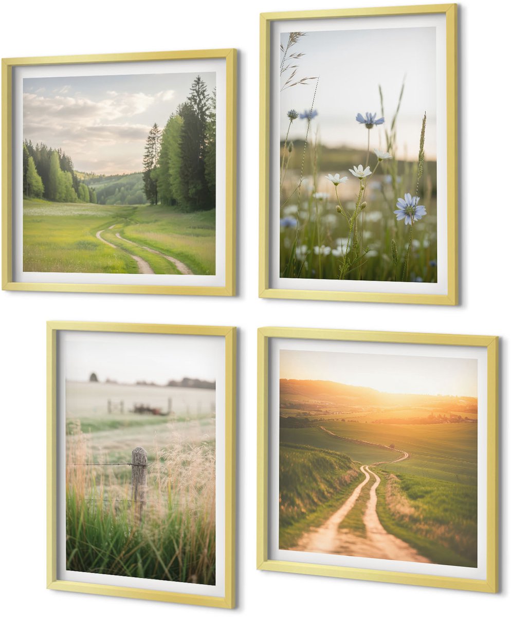 Coloray 4-Delige Schilderij Set - Natuurlandschappen met velden en paden in de zon. - 40 x 40 cm en 40 x 60 cm - Muurdecoratie - Schilderijen Set - Woonkamer - Decoratieve Schilderijen