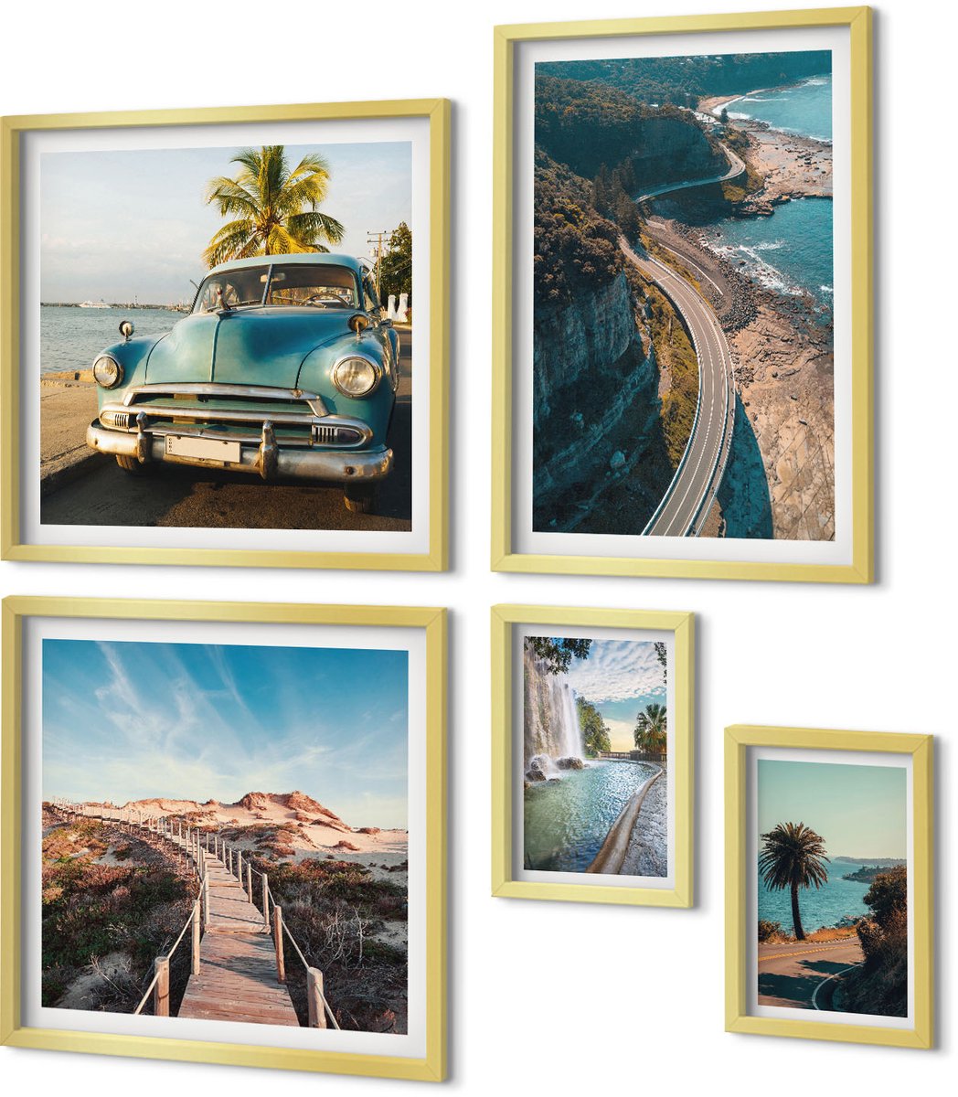 Coloray 5-Delige Schilderij Set - Reislandschappen Met Auto'S En Natuur - 50 x 50 cm, 20 x 30 cm En 40 x 60 cm - Wanddecoratie - Woonkamer Decoratie