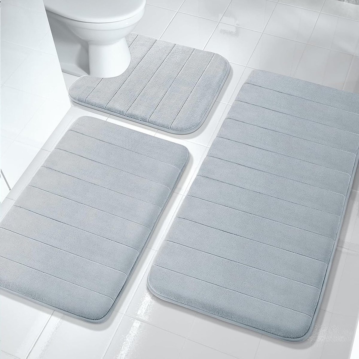 Memory Foam Bath Mat Set 3-Piece Washable Soft and Quick-Drying Non-Slip Absorbent Bathroom Rug for Shower, Toilet and - ShopVlot