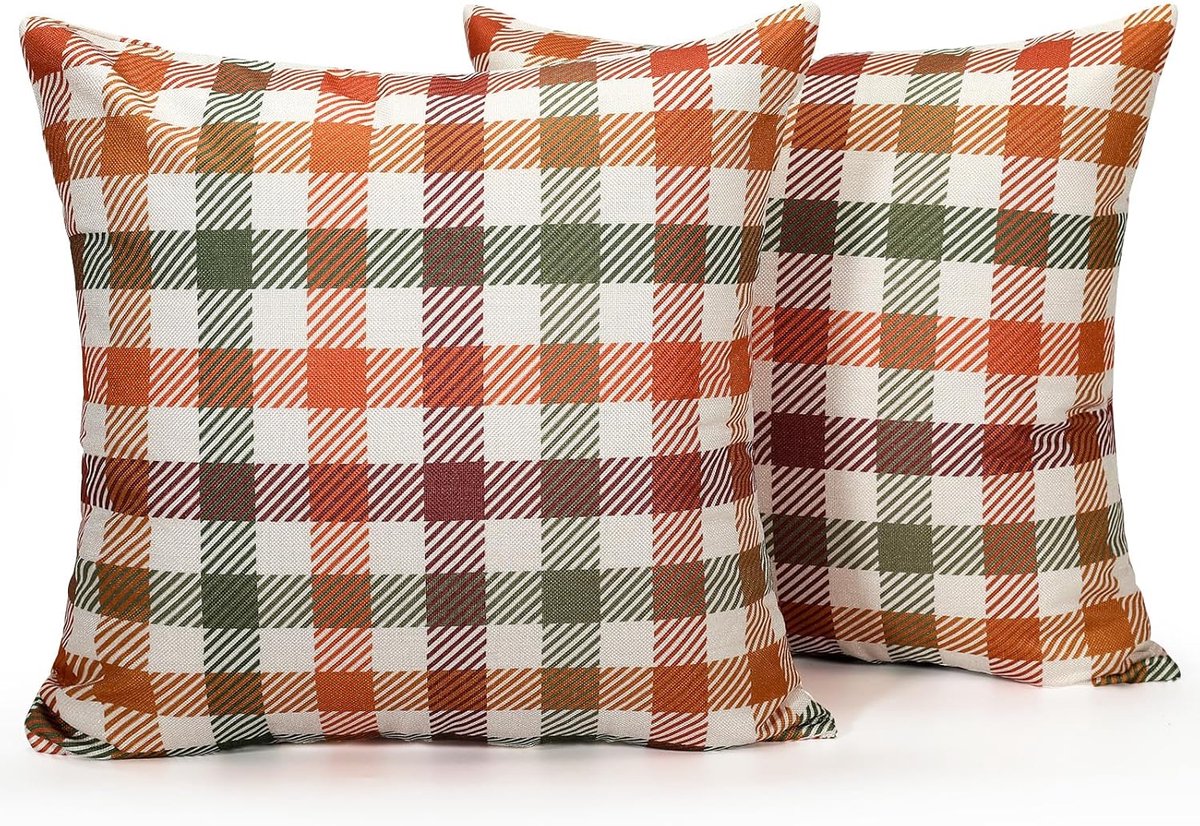 Set van 2 kussenslopen 40 × 40 cm, herfst tartan plaid geruit, warme oogst, oranje, saliegroen, verborgen - ShopVlot