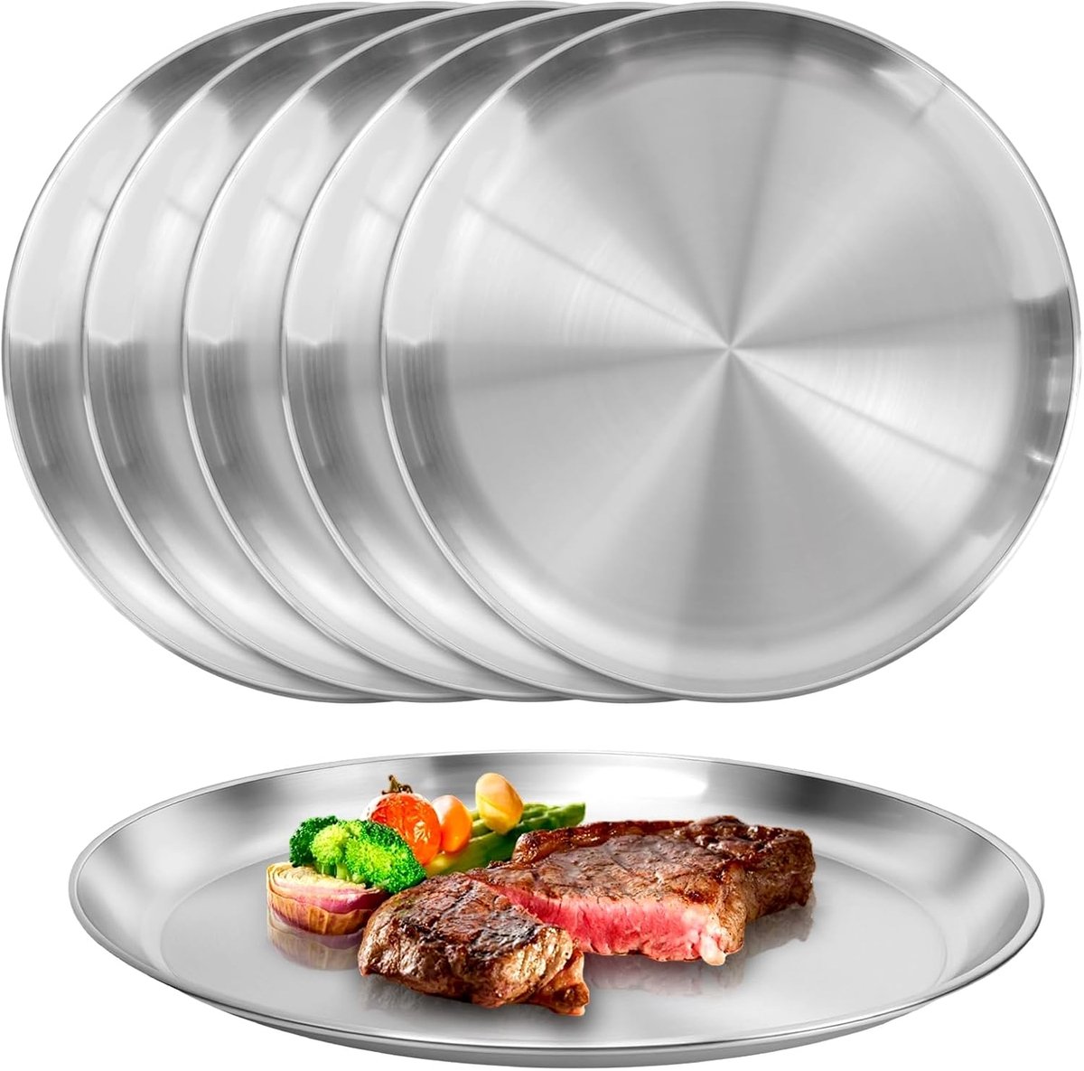 Pizza Plate Set of 6 Stainless Steel Plates 30 cm Round Serving Plates Silver Stackable Rustproof for Pizza Restaurant - ShopVlot