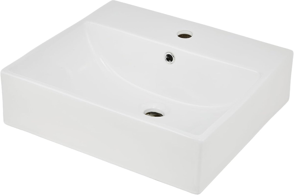 Moderne Keramische Wastafel - Dun Design - Wandmontage & Opbouw - Wit Hoogglans - Met Kraangat en Overloop - Luxe Wastafel voor Badkamer en Toilet