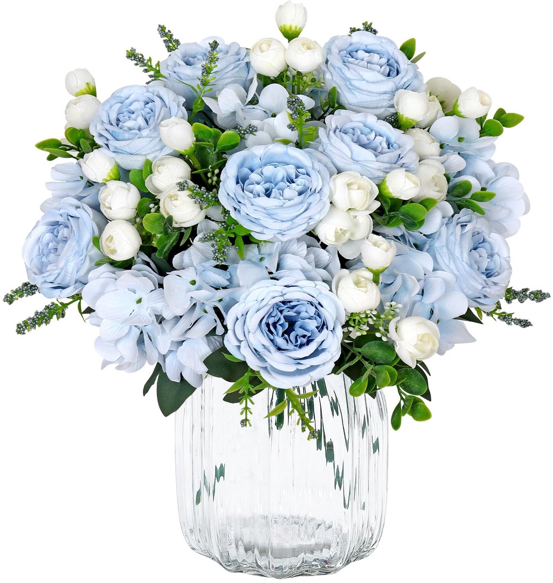 Famanu Set van 2 trossen kunstbloemen, blauwe zijden pioenrozen en neppioenen voor decoratie