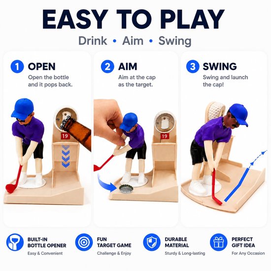 Instructies voor het golf flesopener spel: 1. Open fles, 2. Richt op de dop, 3. Zwaai en lanceer dop. Met golferfiguur, fles en dop.