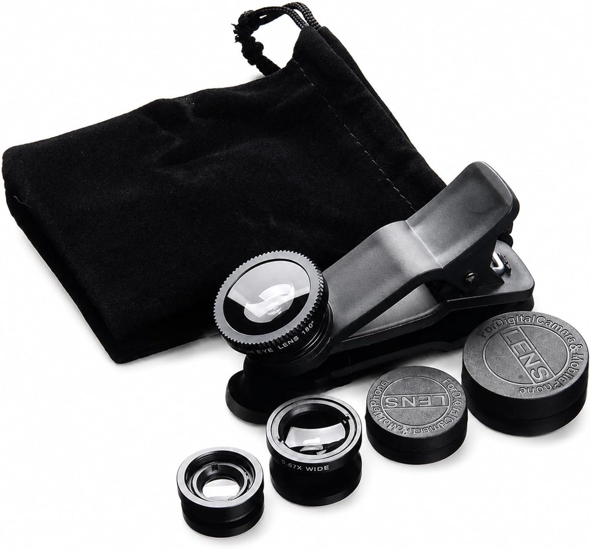 Lens voor smartphone, lens voor mobiele telefoon, 3-in-1 set met 0,63 × groothoek, 198° visoog en 15 × macro clip-on - ShopVlot