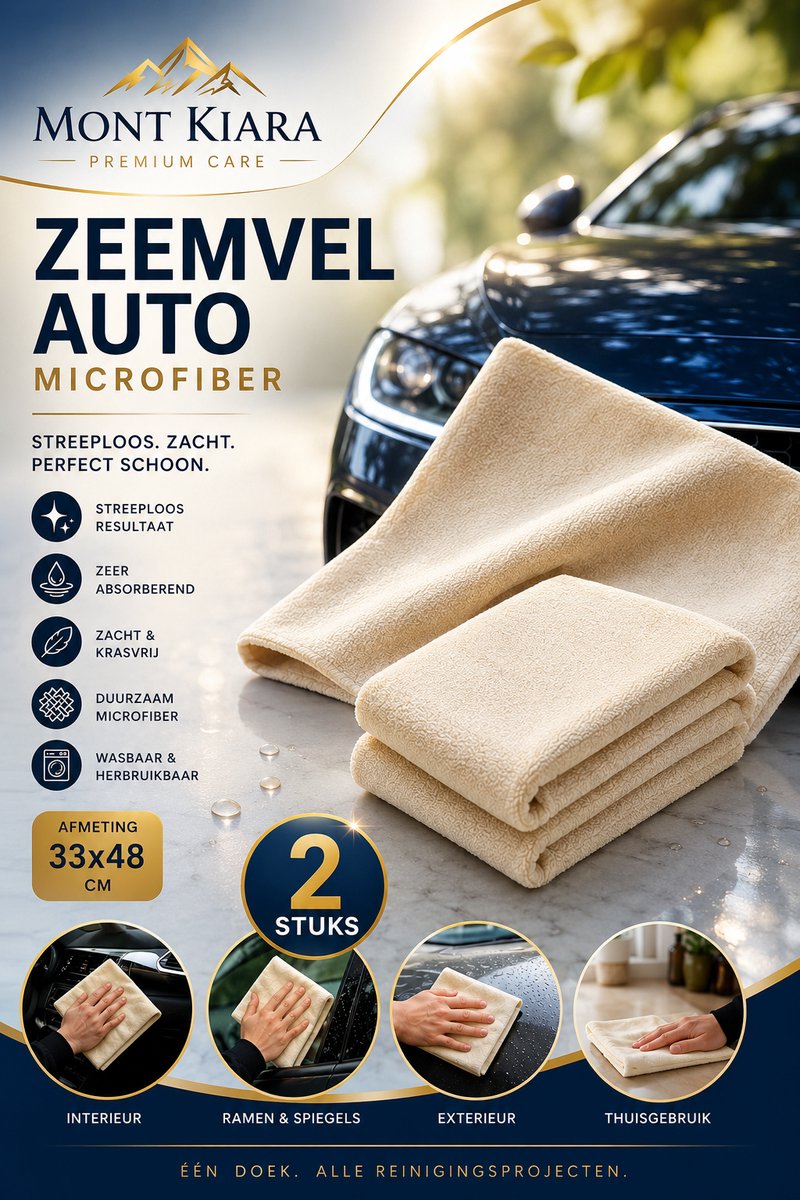Mont Kiara Zeemvel Auto 33x48 cm – 2 Stuks – Microfiber Microvezeldoek – Sterk Absorberend & Streeploos – Voor Auto, Ramen, Glas, Spiegels & Interieur