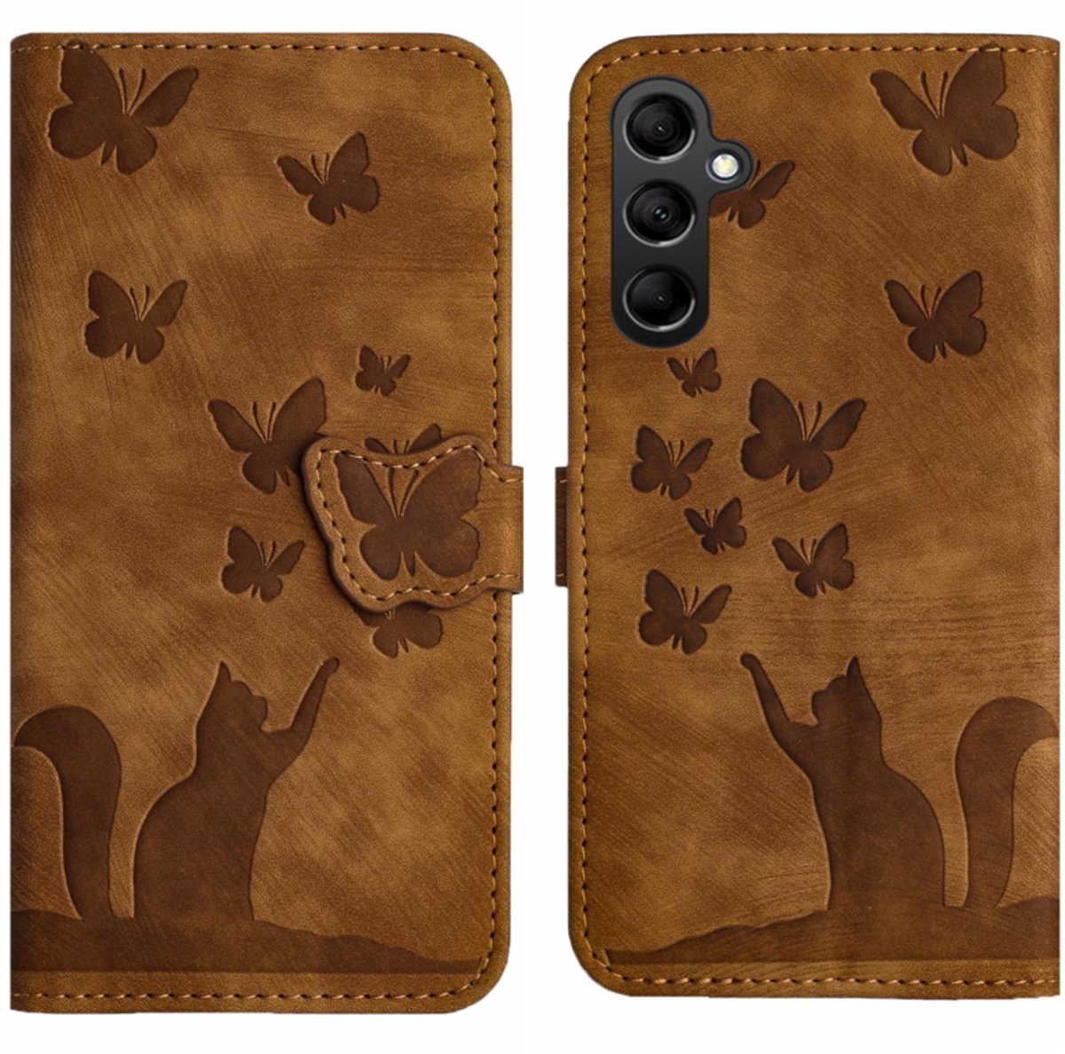 BookCover Hoes Etui geschikt voor Samsung Galaxy A27 - Vlinders en Kat - Bruin - Reliëf