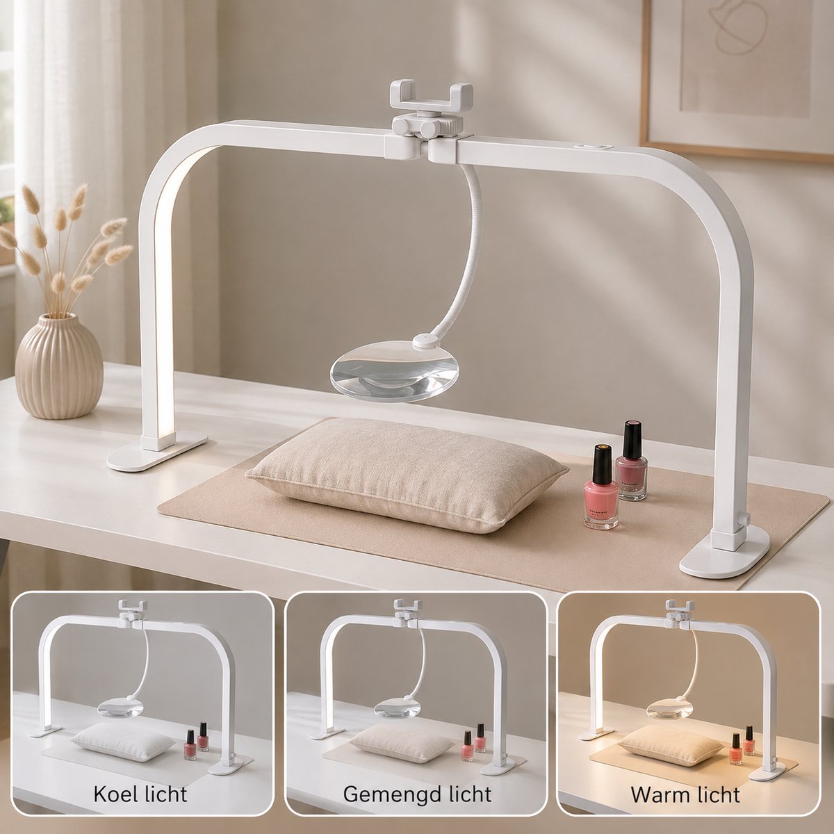 CACCIO® Halvemaanlamp met Vergrootglas & Telefoonhouder - Nageltafellamp 40W - Bureaulamp - 392 LED’s -10 Helderheidsstanden - 3 Lichtkleuren - Opvouwbaar - 75 cm - Wit -manicure lamp-manicure tafellamp-LED werklamp-salon lamp-professionele nagellamp