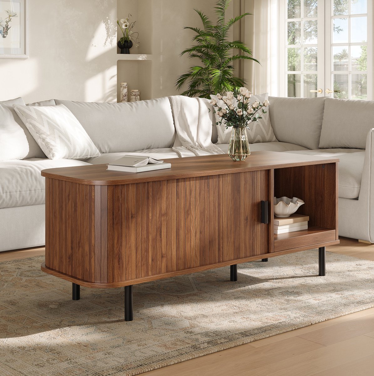 MIVRAY Salontafel - Moderne Schuifdeur Met Verborgen Opbergruimte En Open Vak - Rechthoekig Voor Woonkamer - Hout - Walnoot
