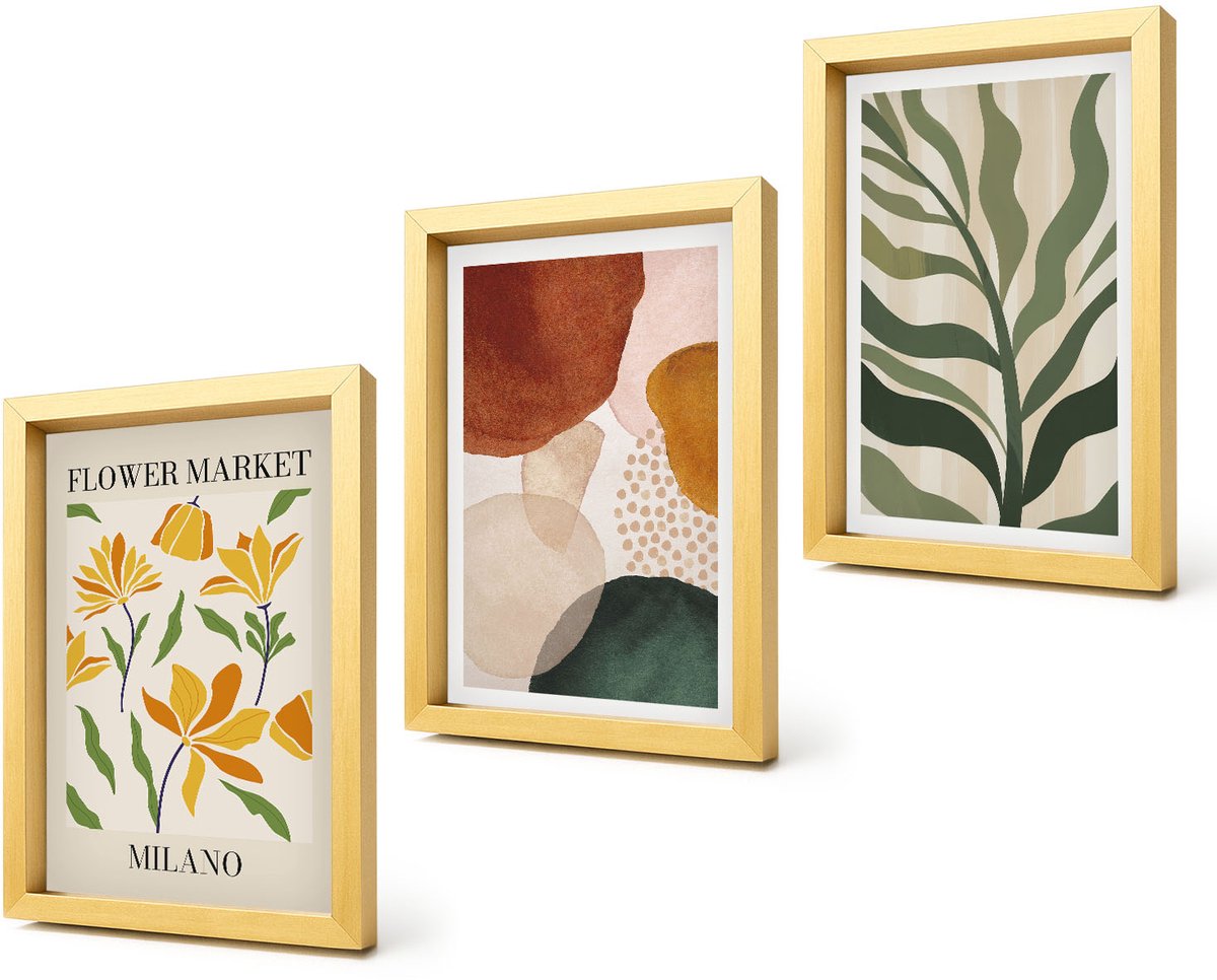 Coloray 4-Delige Schilderij Set - Bloemmotieven met abstracte vormen en bladeren - 20 x 30 cm - Muurdecoratie - Interieur Decoratie