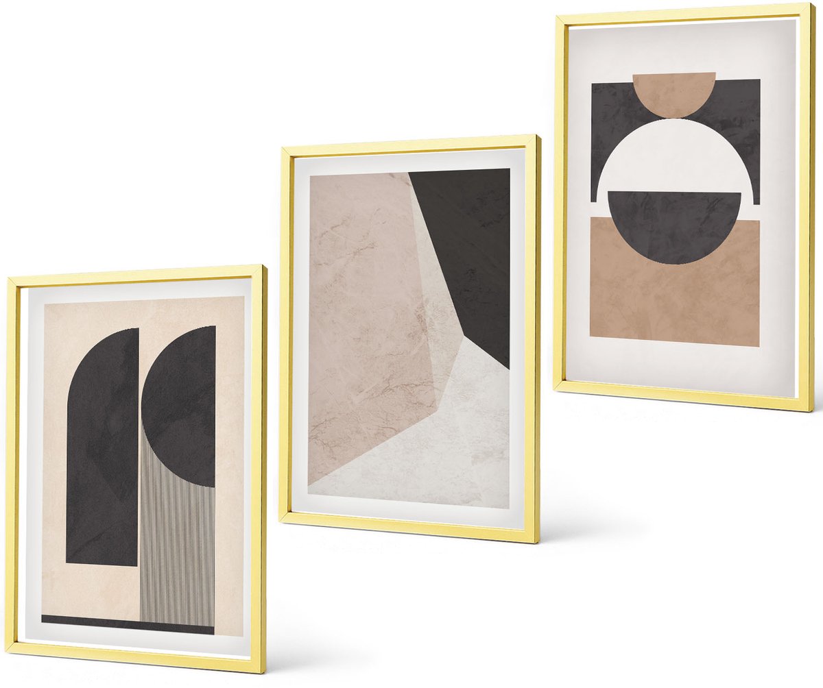 Coloray 3-Delige Schilderij Set - Abstracte Vormen In Beige En Bruine Tinten. - 40 x 40 cm En 40 x 60 cm - Decoratieve Muurdecoratie - Slaapkamer - Decoratieve Schilderijen Gouden lijst