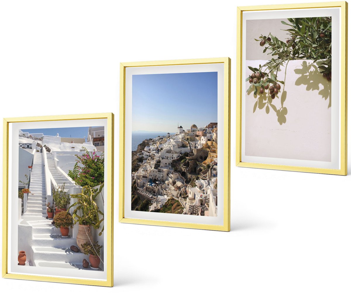 Coloray 3-Delige Schilderij Set - Witte Trappen Op Santorini Met Uitzicht Over De Stad - 40 x 40 cm En 40 x 60 cm - Stijlvolle Muurdecoratie - Slaapkamer - Moderne Wanddecoratie
