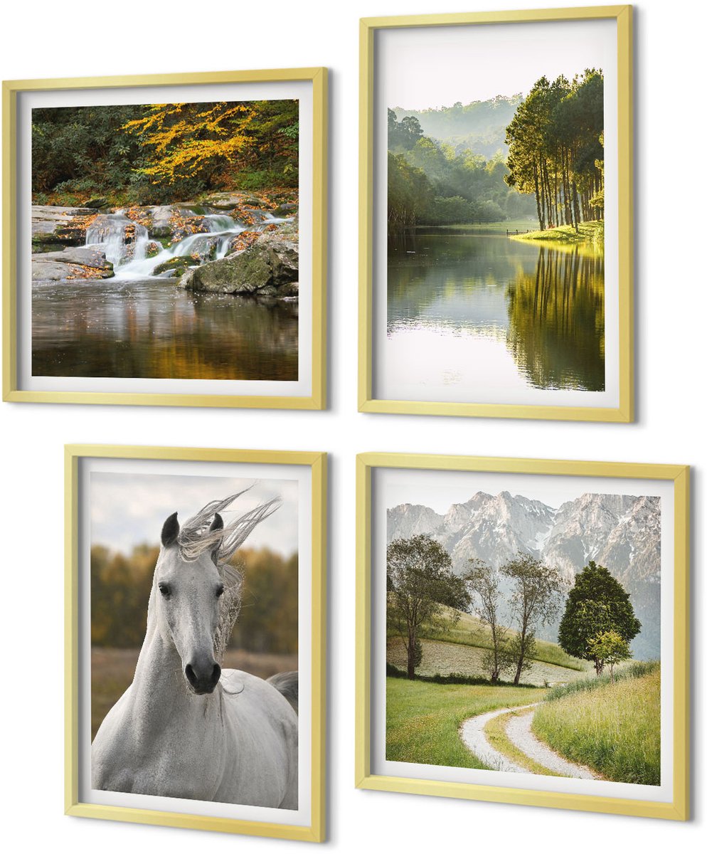 Coloray 4-Delige Schilderij Set - Witte paarden aan de rivier - Natuurlandschap - 40 x 40 cm en 40 x 60 cm - Schilderijen Set - Wanddecoratie - Woonkamer - Stijlvolle Muurdecoratie