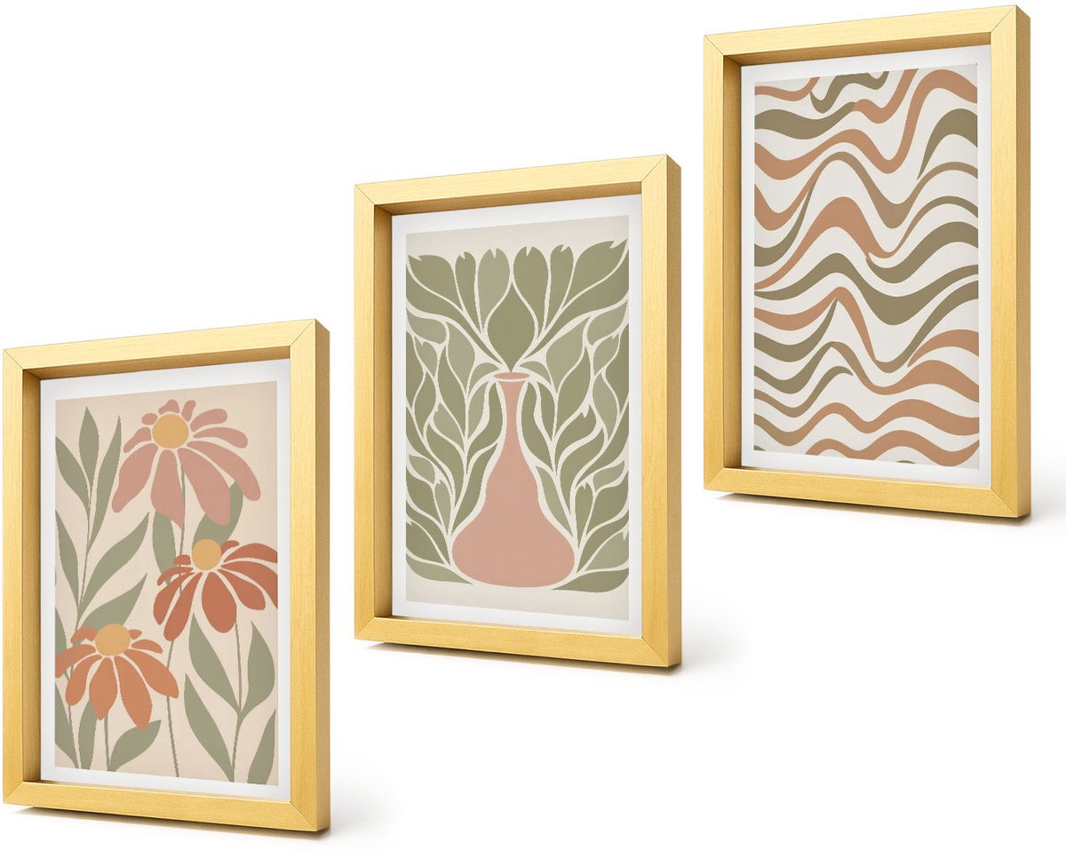Coloray 4-Delige Schilderij Set - Pastelkleurige bloemenillustraties met golvende abstracte lijnen - 20 x 30 cm - Stijlvolle Muurdecoratie - Kantoor - Wanddecoratie