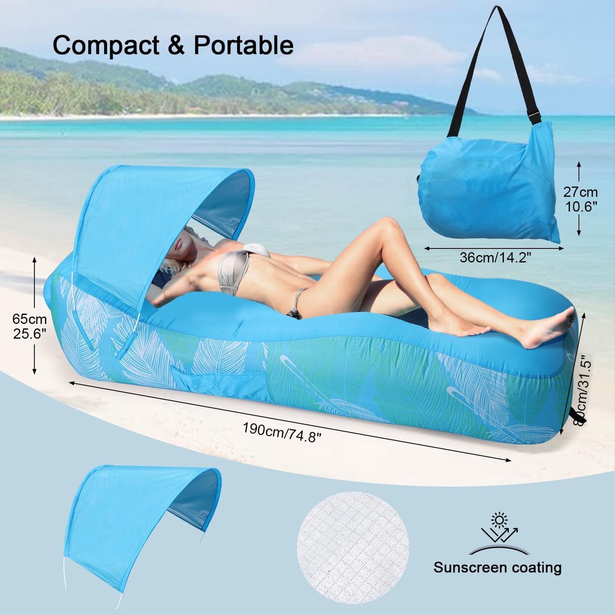 Inflatable Sun Lounger Water and Land Portable Inflatable Chair Air Sofa with Sun Shade Outdoor Bench Inflatable Bench - ShopVlot