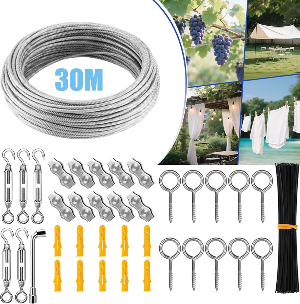 Draadkabelset - 30 M/2 MM Roestvrijstalen Kabel - Spanschroeven Spannerset - PVC Gecoate Tuindraad Voor Klimplanten