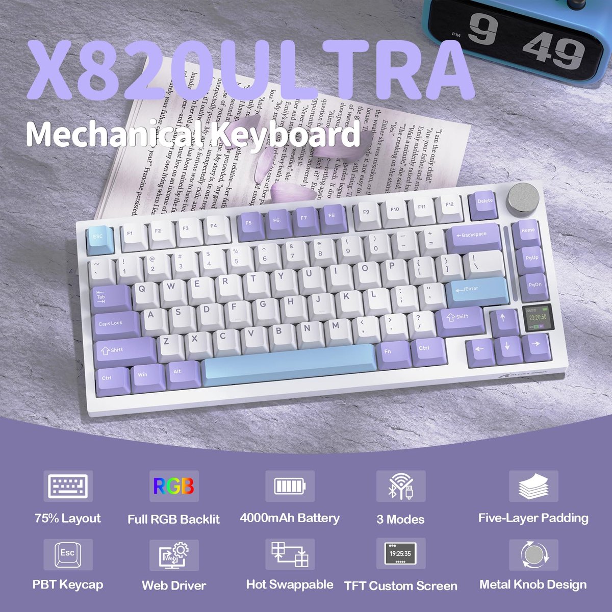 YINDIAO ATTACK SHARK X820 Ultra Gasket Mechanisch Toetsenbord met TFT-scherm en Knop, 75% ANSI-indeling, 2,4 - ShopVlot