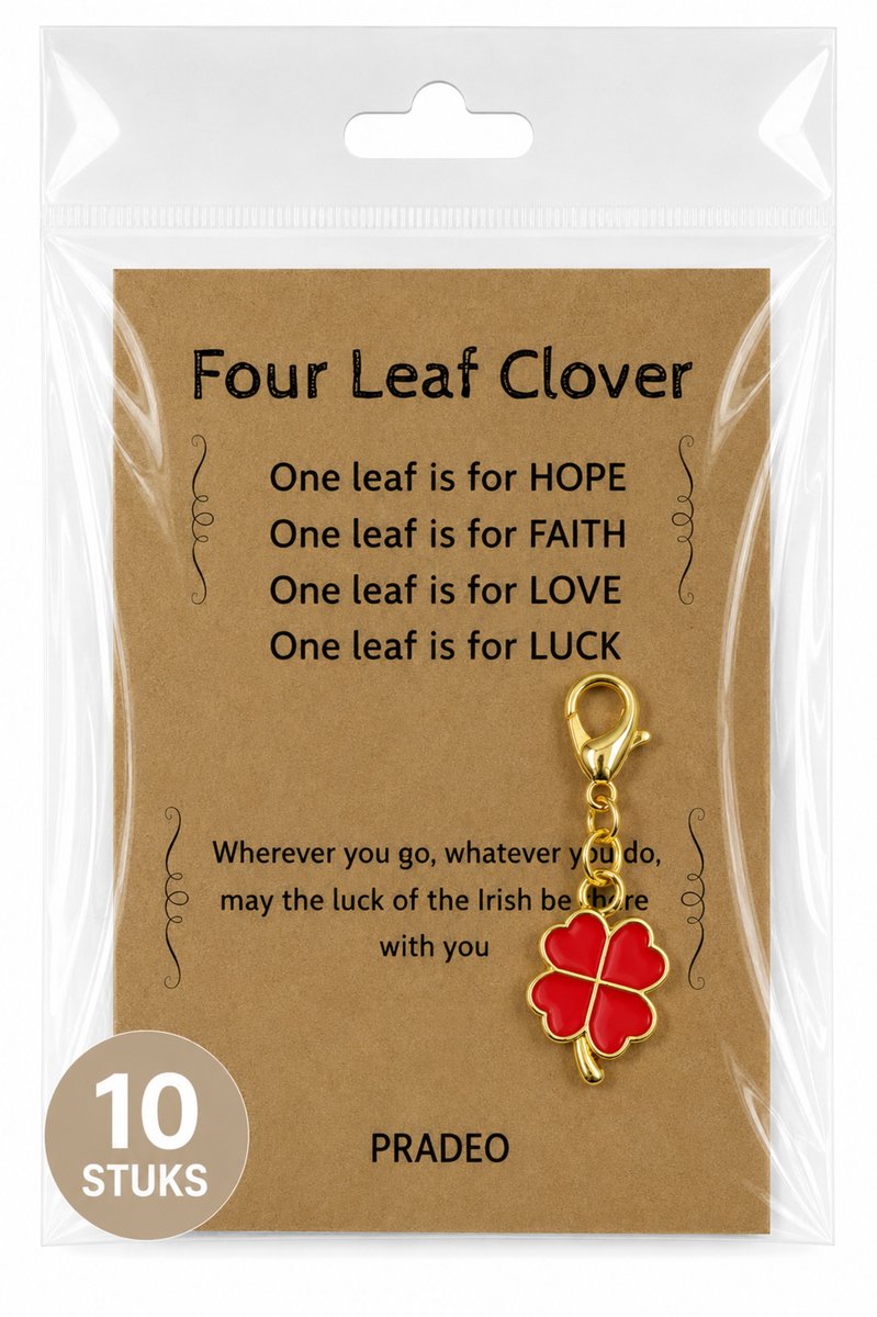 Pradeo - Klavertje Vier Sleutelhanger - Hangertje - Klavertje 4 - Four Leaf Clover - Key Chain - Pocket Hug - Geluk - Klein Geschenk - Bedankt Cadeautje - Familie, Vrienden, Collega of Meester & Juf - Met Kaartje Met Tekst - Rood - 10 Stuks
