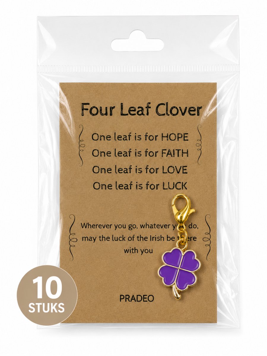 Pradeo - Klavertje Vier Sleutelhanger - Hangertje - Klavertje 4 - Four Leaf Clover - Key Chain - Pocket Hug - Geluk - Klein Geschenk - Bedankt Cadeautje - Familie, Vrienden, Collega of Meester & Juf - Met Kaartje Met Tekst - Paars - 10 Stuks