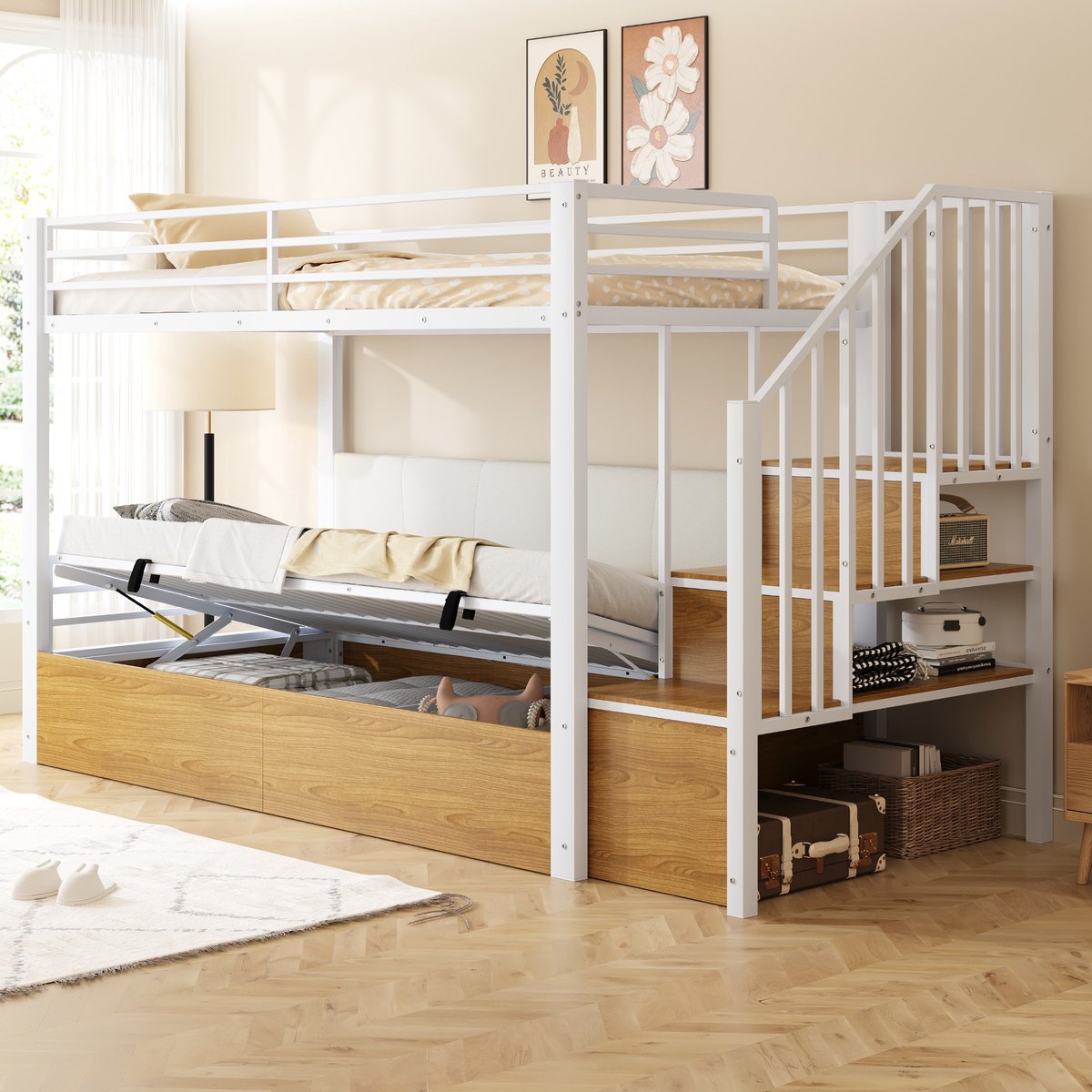 Stapelbed - 90 x 200 cm - 2 slaapplaatsen - met opbergruimte - met trap - Wit