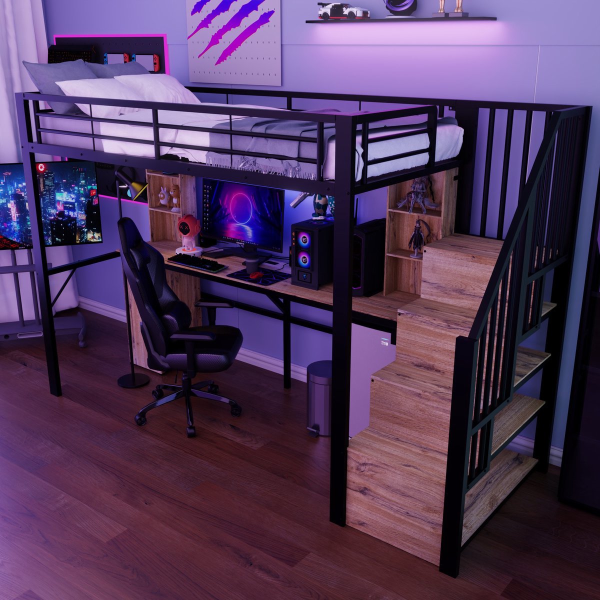 Hoogslaper - 90 x 200 cm - 1-persoons - met bureau - met opbergruimte - met USB - met trap - Zwart