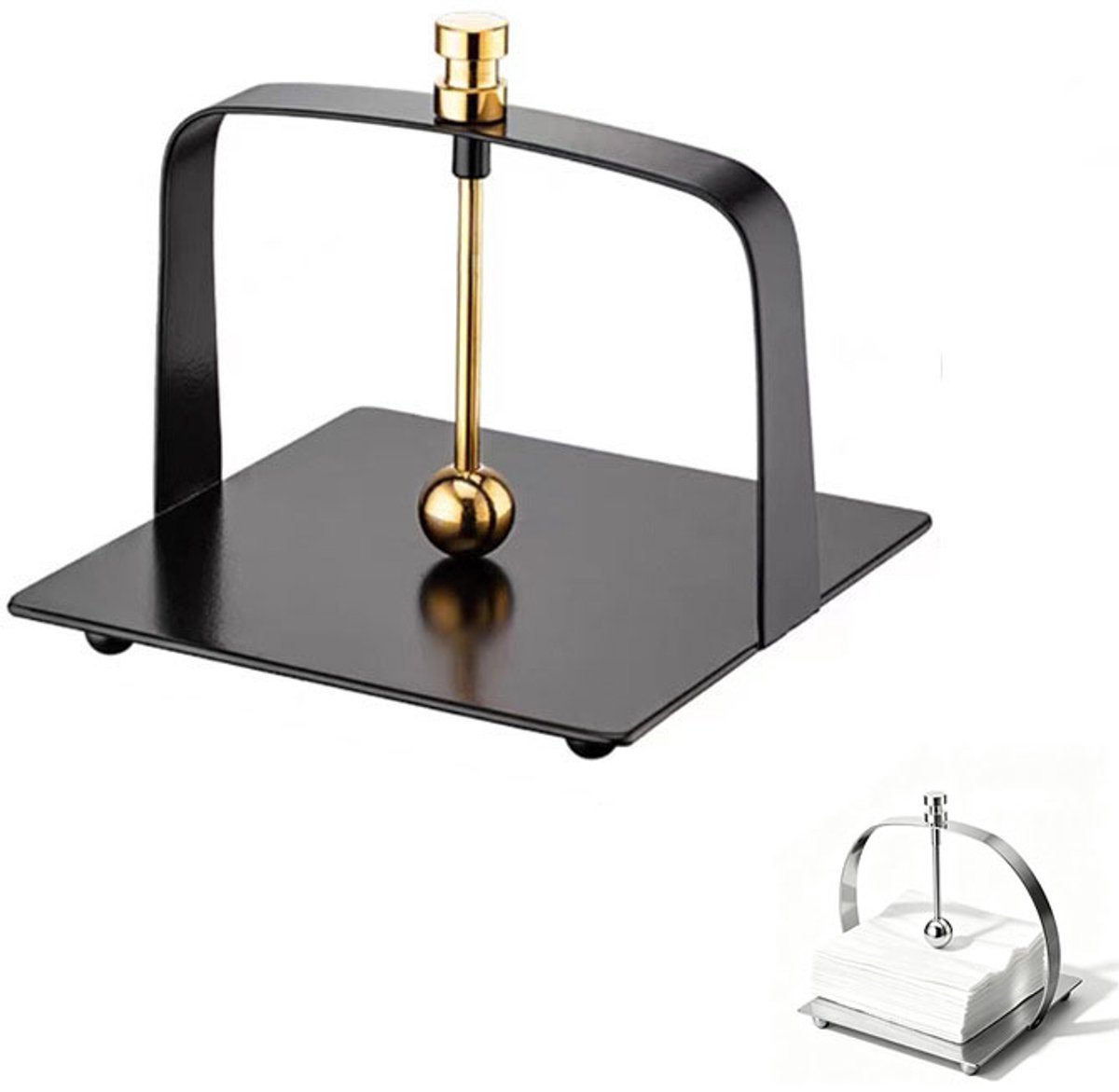 Servethouder – Servethouder van roestvrij staal – Servetdispenser voor op tafel – Servetstandaard voor de eettafel – 13,5 x 12 cm – Geschikt voor restaurants, clubs, hotels, banketten en feesten – Zwart & goud