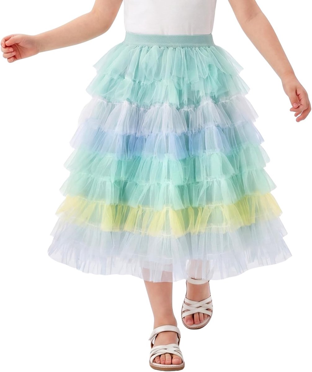 Miipat Girls Tulle Skirts Layered Ruffle Long Tutu Skirt A-line Mesh Elastic Waist Children Princess Rainbow Maxi Skirt - ShopVlot