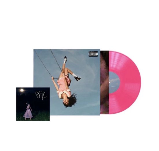 Disque vinyle rose vif avec pochette d'album: fille sur une balançoire. Comprend une photo dédicacée.
