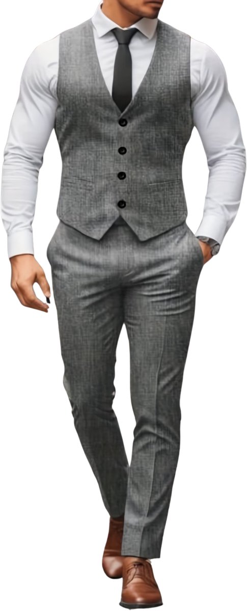 Currero 3 Delig Herenpak Met Overhemd - Suit 2 Delig - Tailored Fit Kostuum - Business Pak - Trouwpak - Smoking - Tuxedo Stijl - Bruiloft, Kantoor & Feest - Grijs XXL