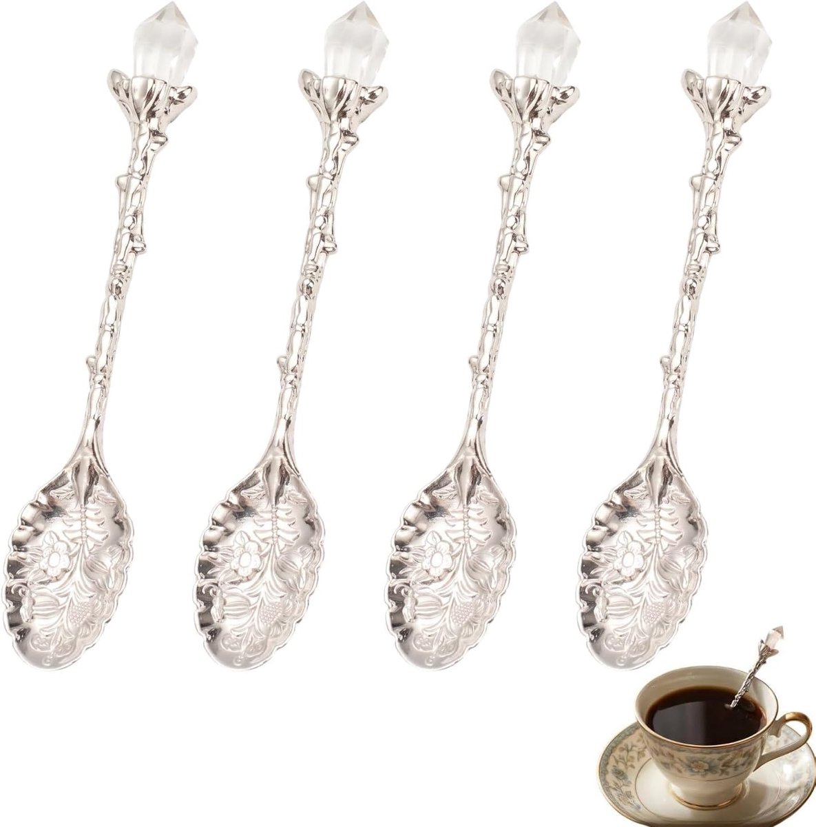 4 vintage latte macchiato lepels, zilver, 18 cm, koffielepel met bloemenpatroon, elegante theelepels van roestvrij - ShopVlot