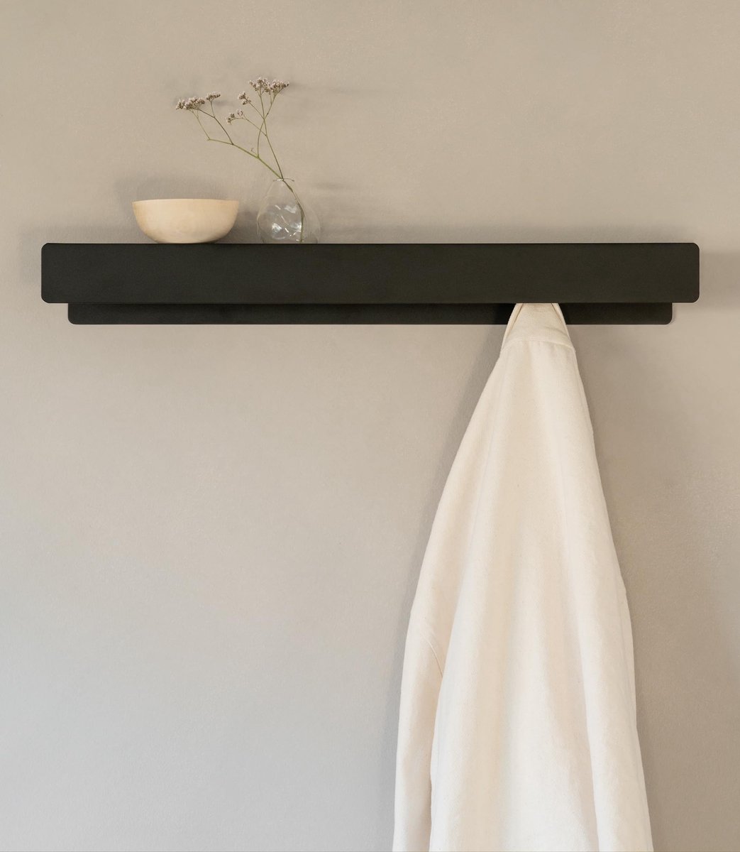 Famanu Wandkapstok met verborgen haken en plank, moderne kapstok van metaal, zwart design voor kleding en accessoires