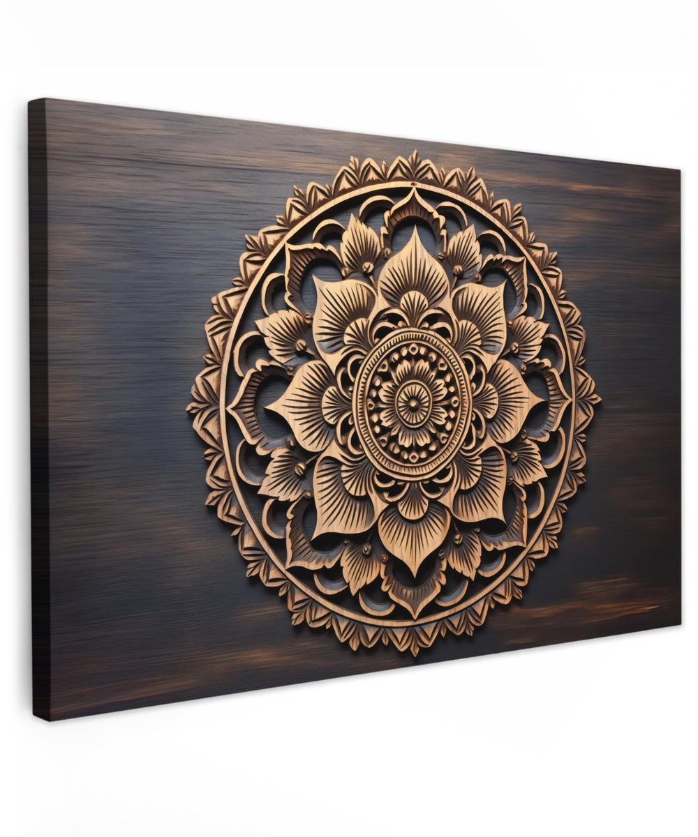 Famanu – Canvas schilderij 120x80 cm voor kamerdecoratie, woonkamer en slaapkamer, wanddecoratie met mandala en bloemen in bruin