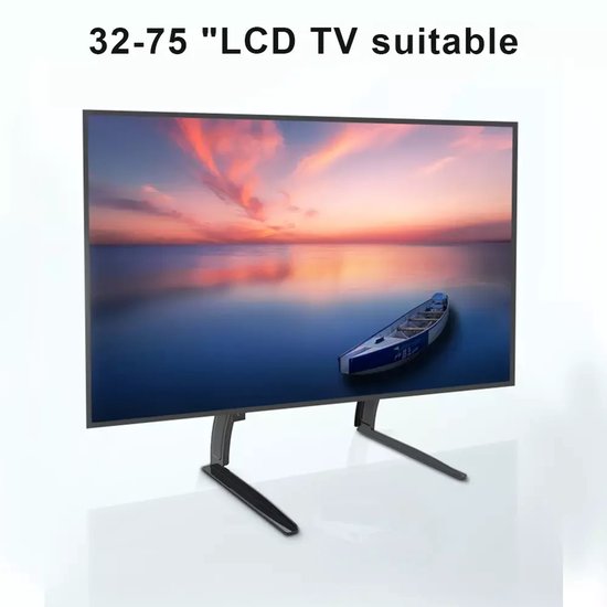 Een flatscreen TV op twee zwarte TV-standaardpoten, met een afbeelding van een boot op water.