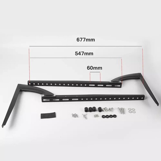 Twee zwarte metalen TV-standaardpoten, inclusief schroeven, met afmetingen 677mm en 547mm.