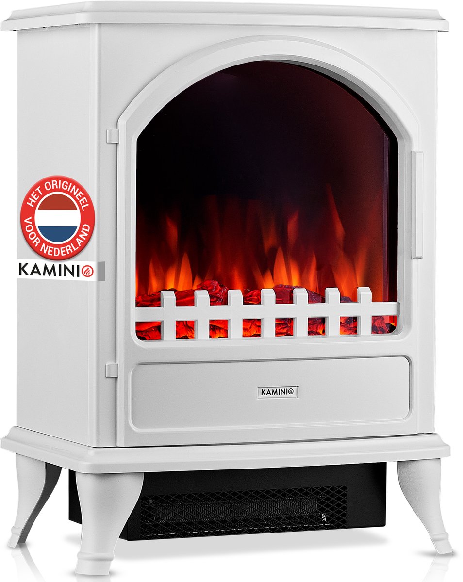 KAMINIO® Leni elektrische haard met verwarming [elektrische haard wit] - Vrijstaande elektrische haard met verwarmingselement en 3D-vuureffect