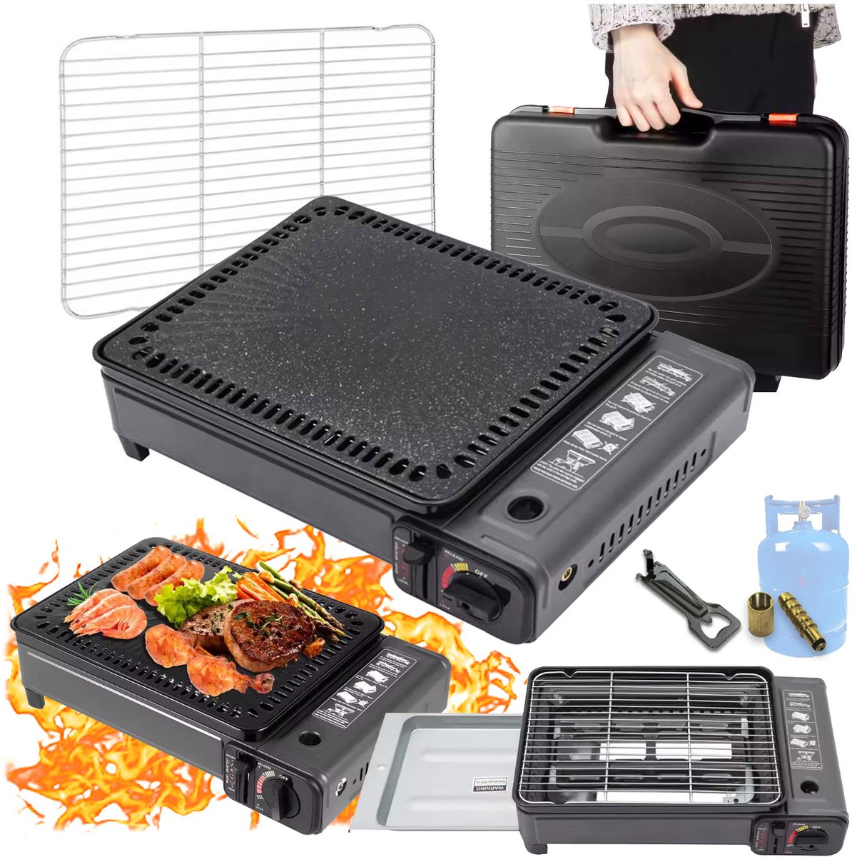 Gasbarbecue voor camping - draagbaar 2-in-1 - gascartouche/gasfles - met grillplaat en koffer