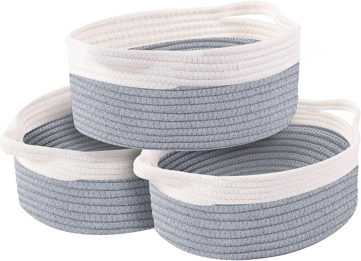 OUTBROS Cotton Rope Woven Storage Basket, Set of 3, Organiser Box for Decoration, Bathroom Bin for Shelves, White/Grey - ShopVlot