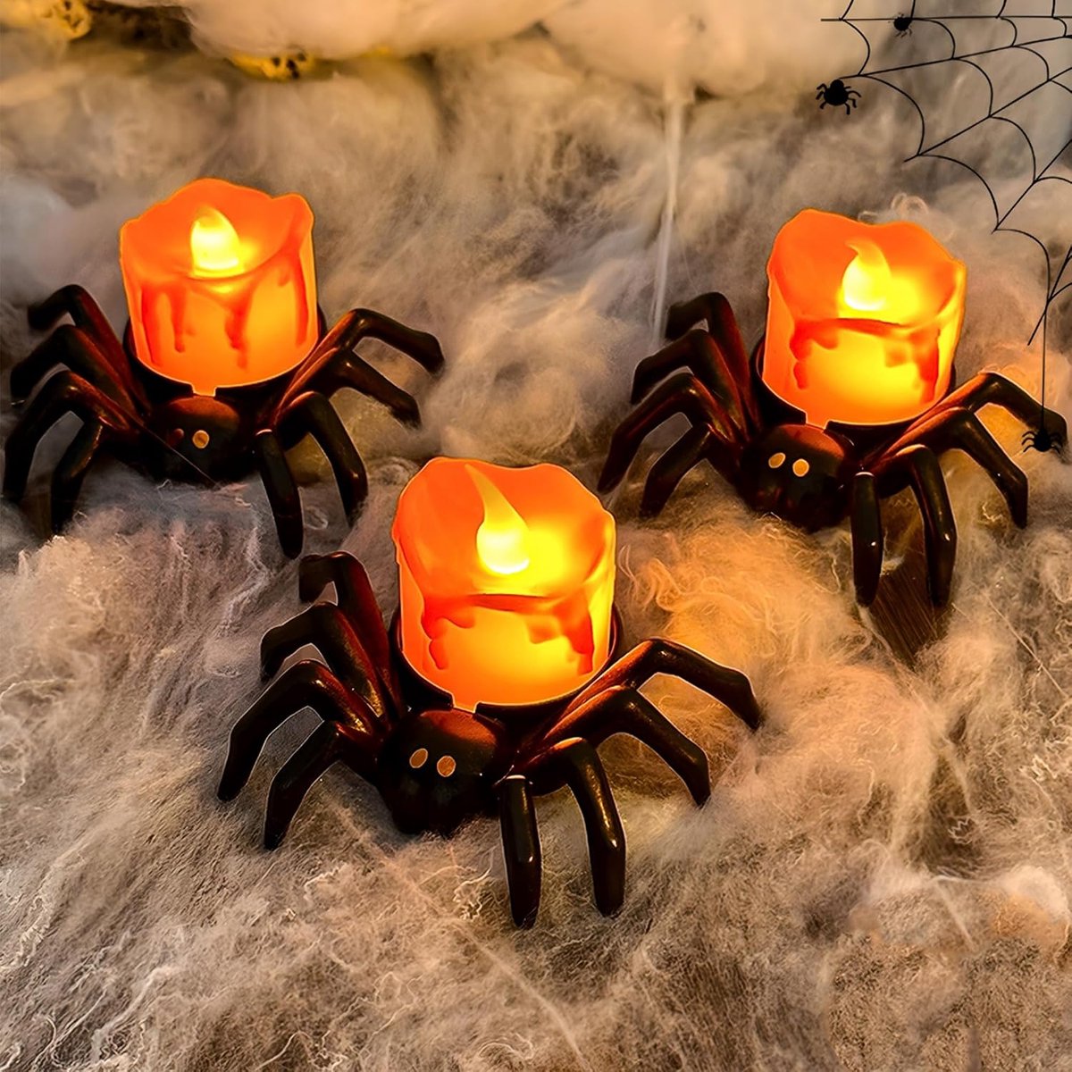 Daity Set van 6 – Vlamloze Halloweenkaarsen – Batterijgevoede LED-theelichtjes in de vorm van een spin – Decoratie voor binnenverlichting – Geschikt voor eettafels, feestjes, kantoren, open haarden en als Halloweencadeau.