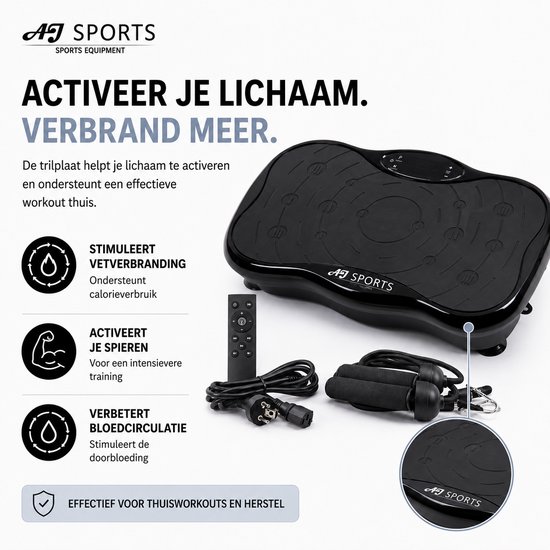 Zwarte AJ Sports trilplaat met afstandsbediening, weerstandsbanden en handvatten.