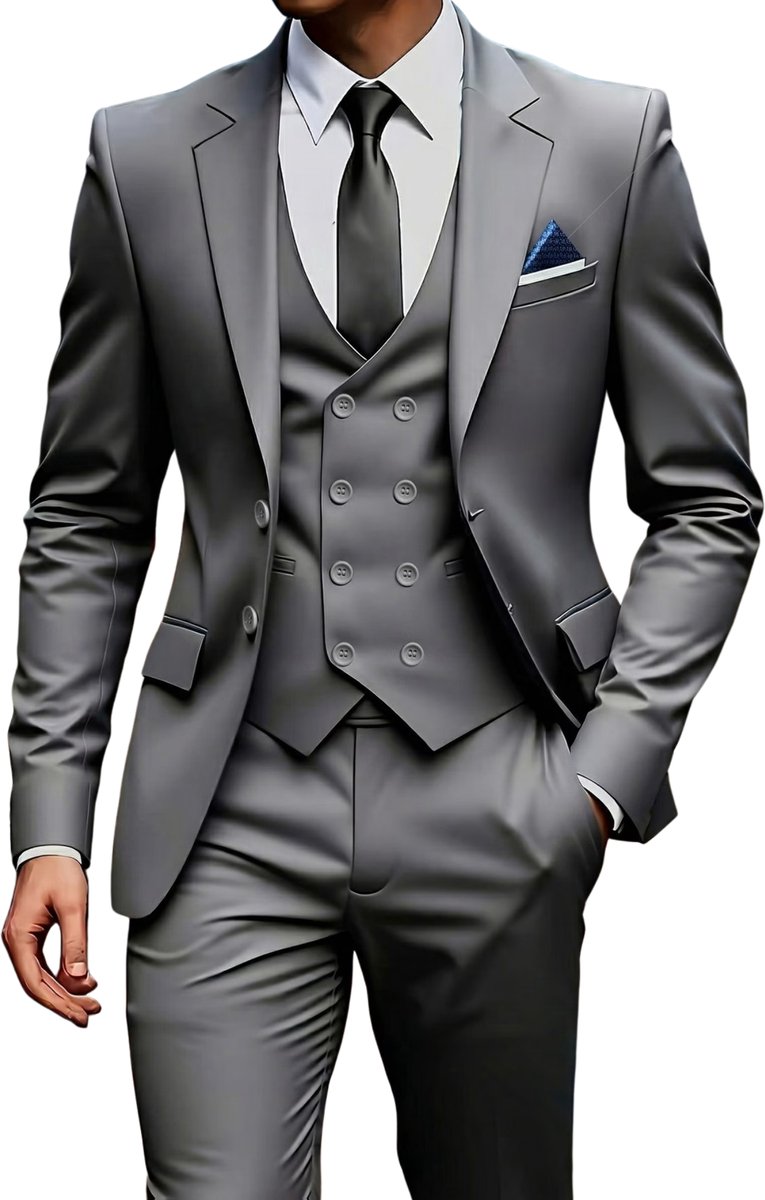 Currero 3 Delig Herenpak Met Overhemd - Suit 2 Delig - Tailored Fit Kostuum - Business Pak - Trouwpak - Smoking - Tuxedo Stijl - Bruiloft, Kantoor & Feest - Grijs XS