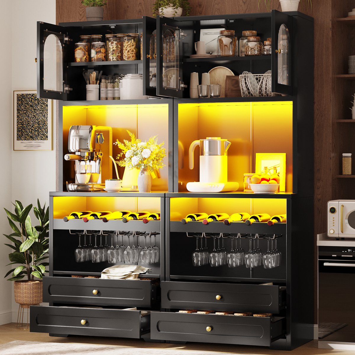Clruro Keukenkasten - 140 x 40 x 180 cm - Set van 2 - App-LED en Glazen Deuren - MDF/Metaal - Zwart