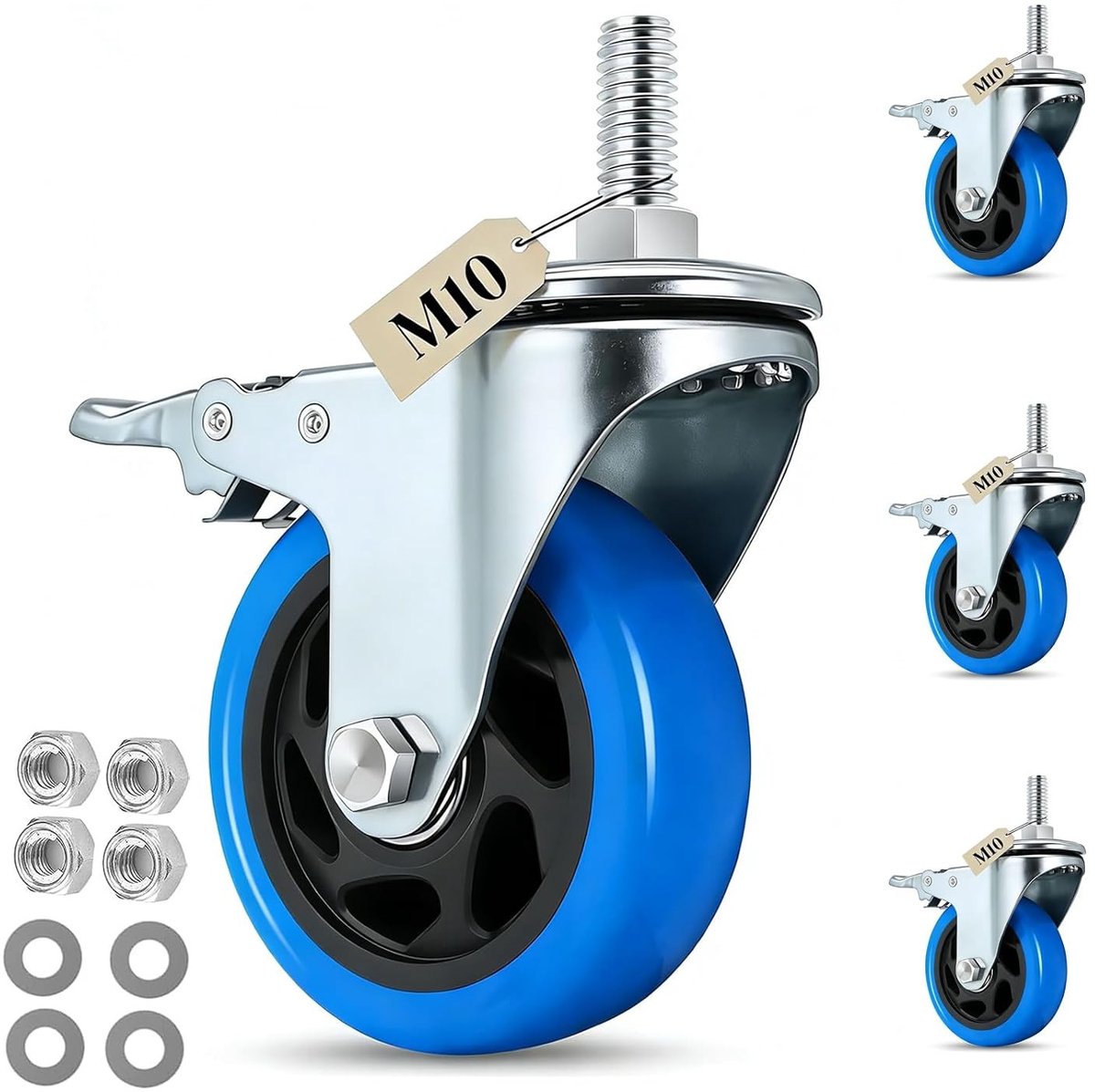 Meubelwielen met Rem - Zwart - 100 mm - Zwenkwielen met Schroefdraad M10 - Voor Meubels en Transport