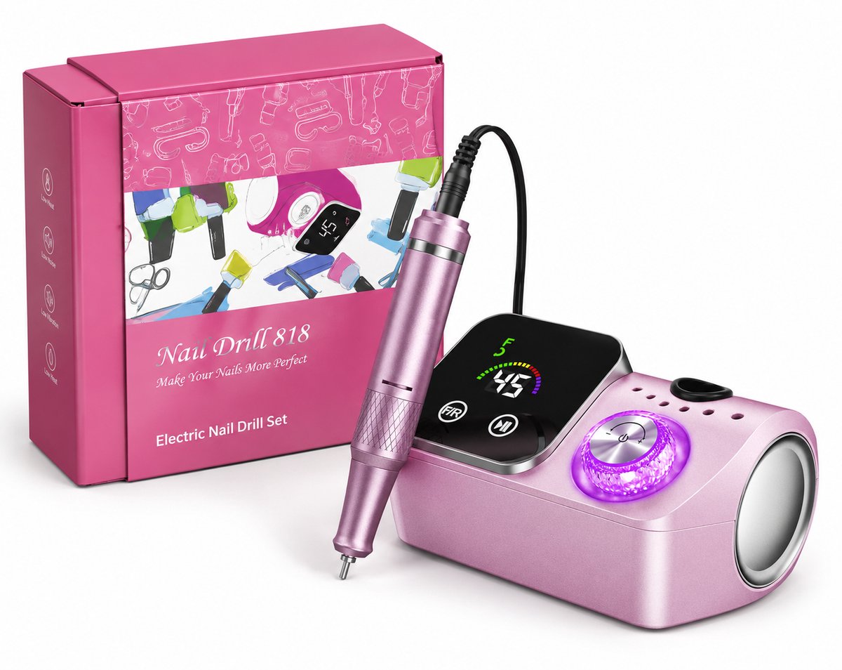 Elektrische Nagelfrees - Nagelvijl 45.000 RPM - Smart Display - Links- en Rechtsom Draaien - 12 Freesbits en 36 Schuurbandjes - Instelbare Snelheid - Voor Manicure, Gelnagels, Acryl en Nagelsalon Thuis