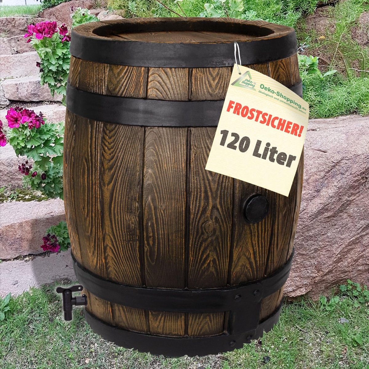 Famanu – Regenton van 120 liter, eikenvat voor regenwater, vorstbestendig vat in robuuste PE-kunststof met houtlook
