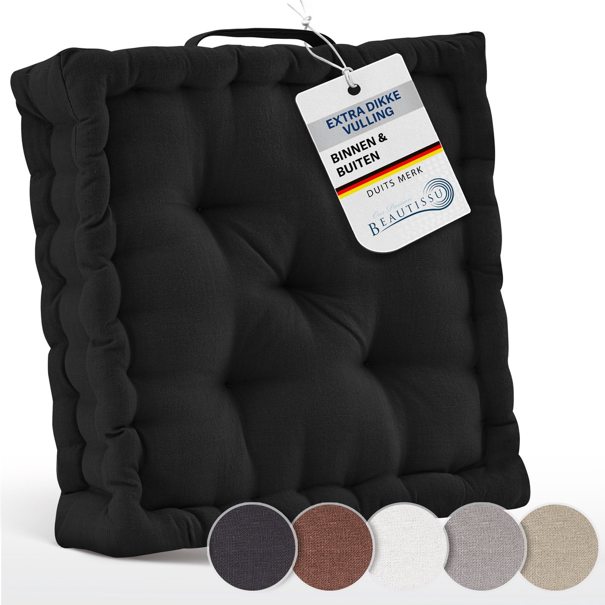 Beautissu Mila - Zitkussen Set van 2 Matraskussen 50x50x8 cm - vloerkussen met praktische draaggreep - kussen zwart