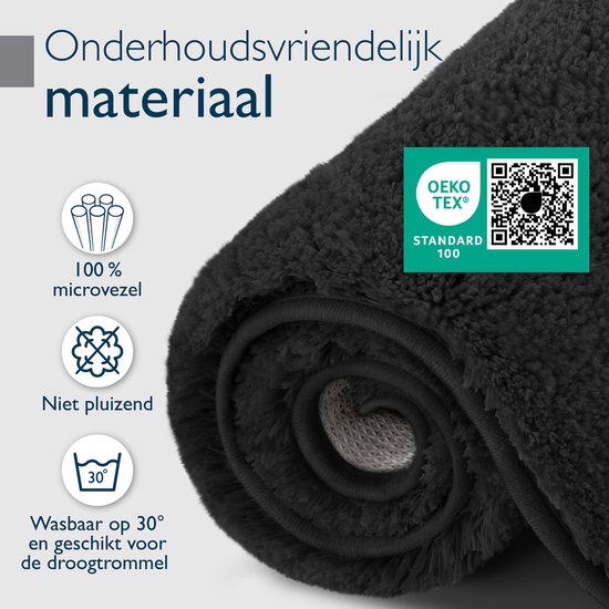Donkergrijze, hoogpolige badmat, 3 cm hoog, met OEKO-TEX STANDARD 100 label, 100% microvezel.