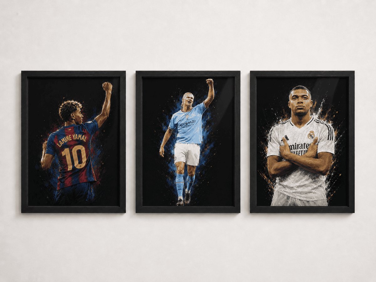 Voetbalposter set | Kylian Mbappé, Erling Haaland & Lamine Yamal | Set van 3 A4 posters | Inclusief 3 A4 lijsten